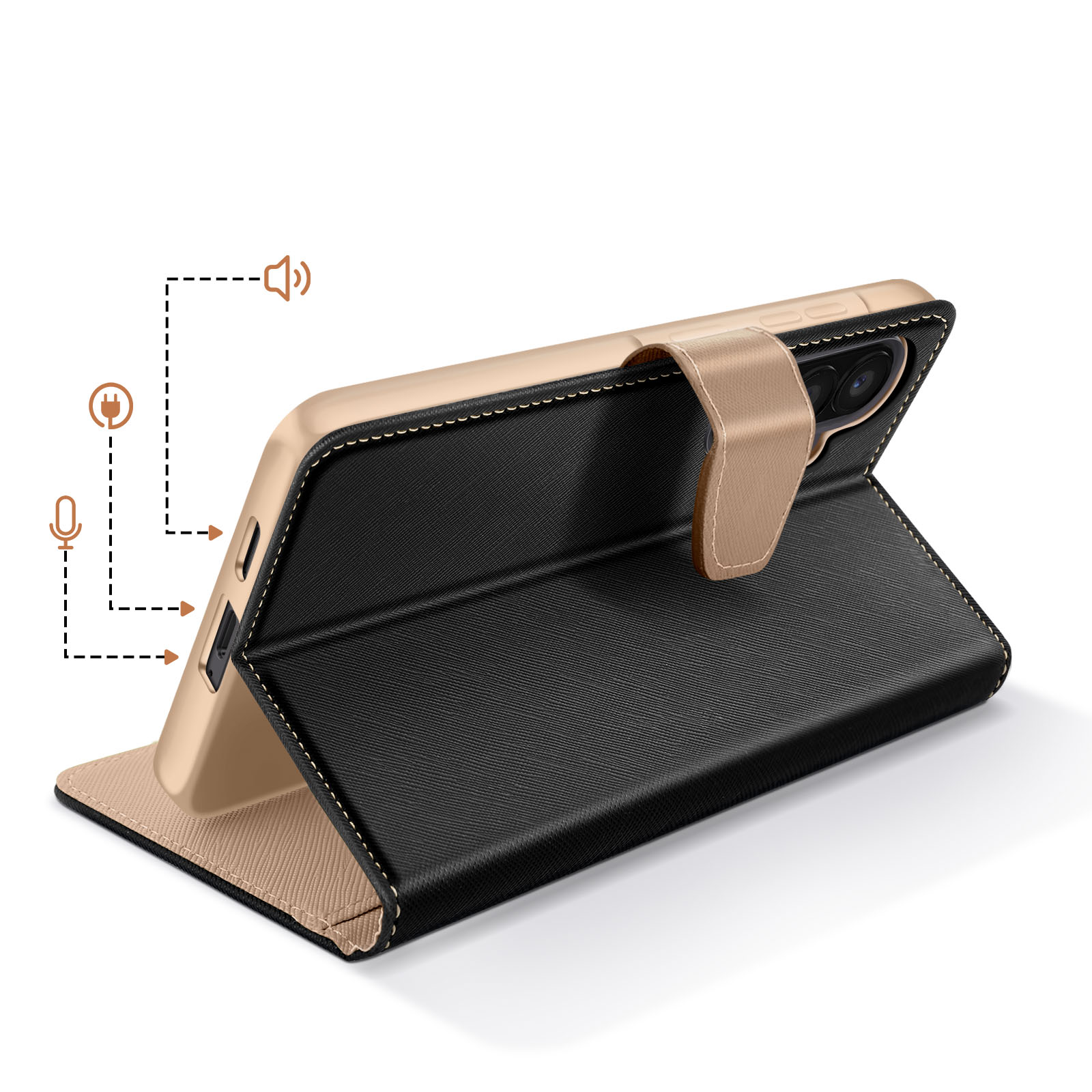 Telefono dorato con custodia a libro nera, con icone di altoparlante, ricarica e microfono.