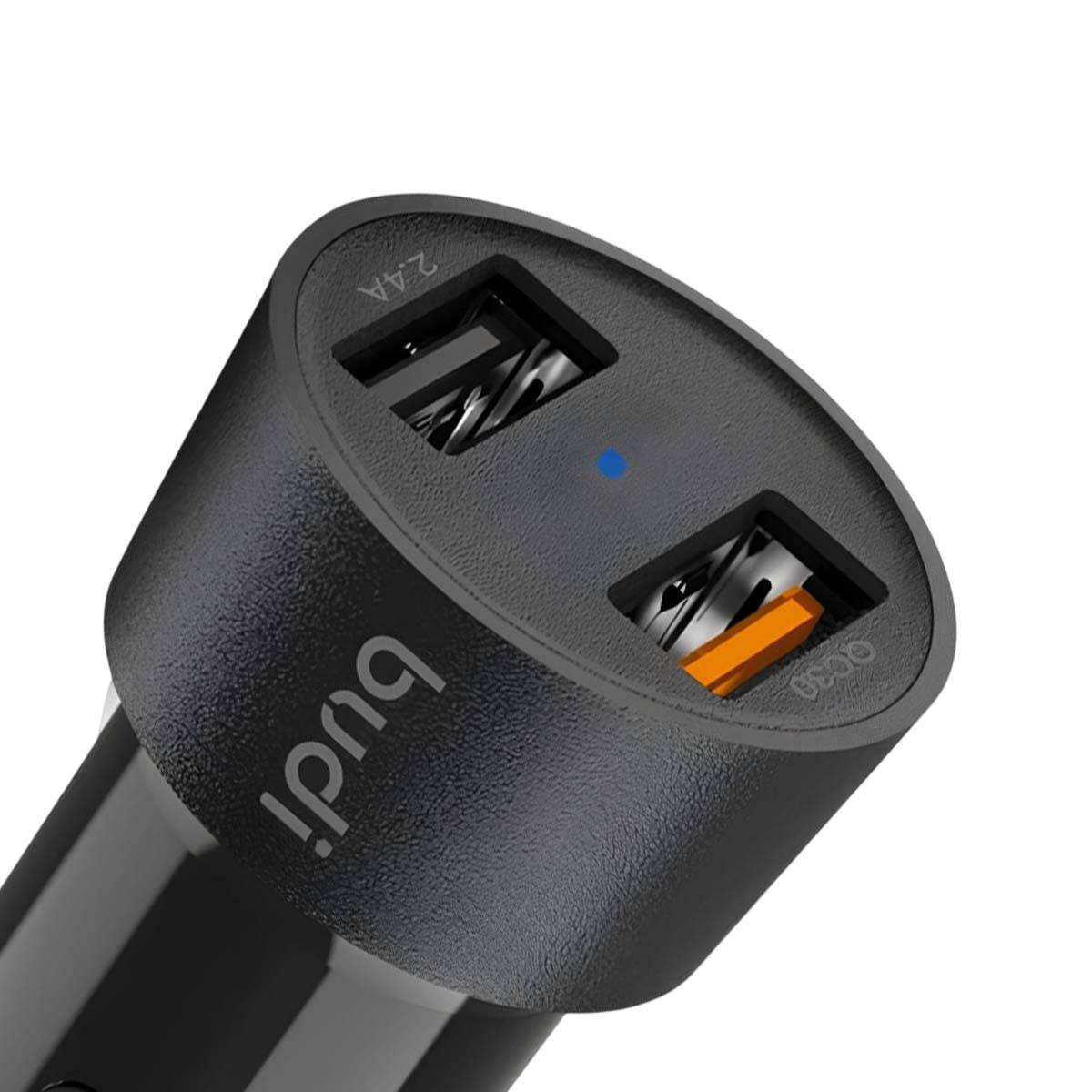 Un caricatore auto USB duale nero con logo "budi" e indicatore LED blu.