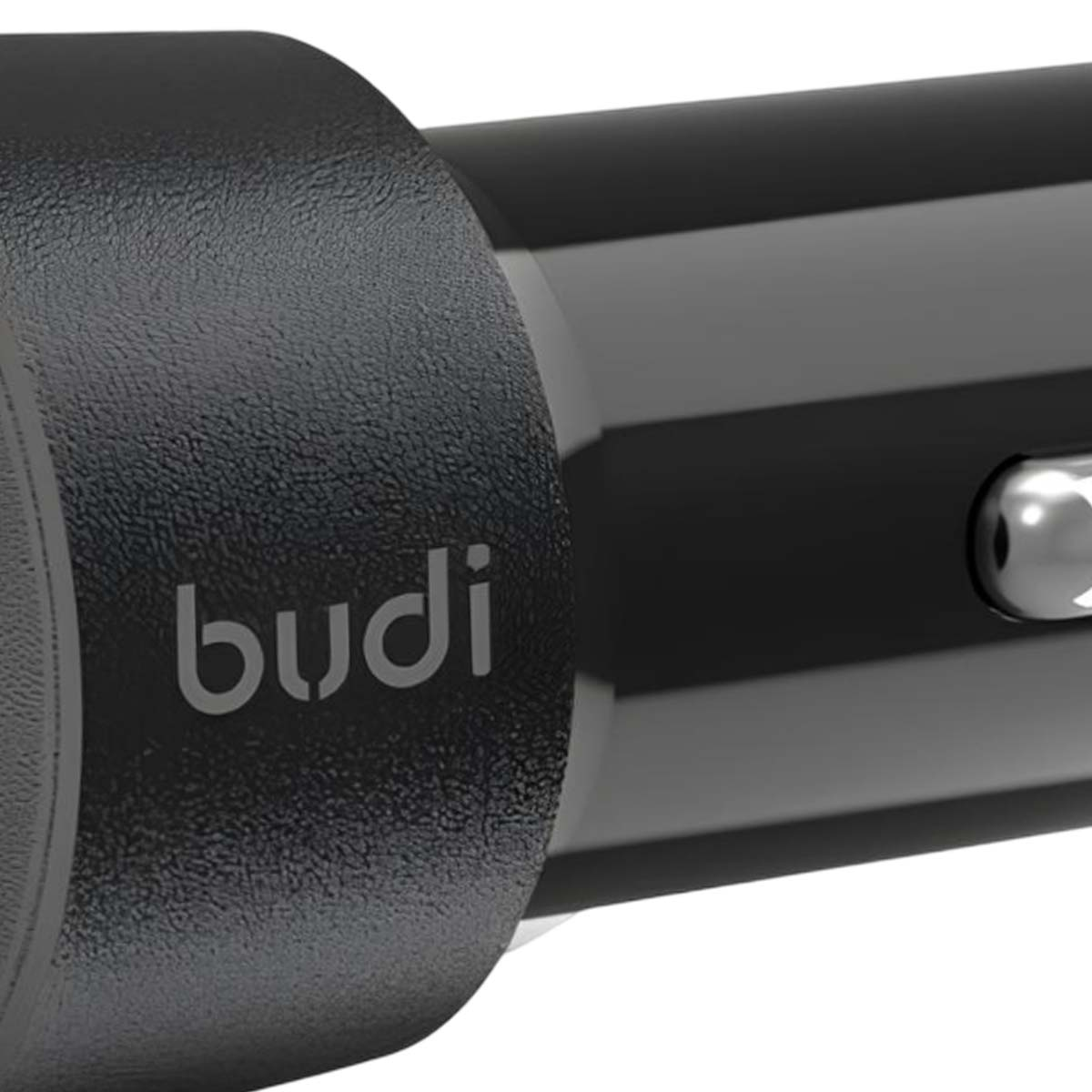 Un adattatore per caricabatterie per auto nero e lucido con logo 'budi'.