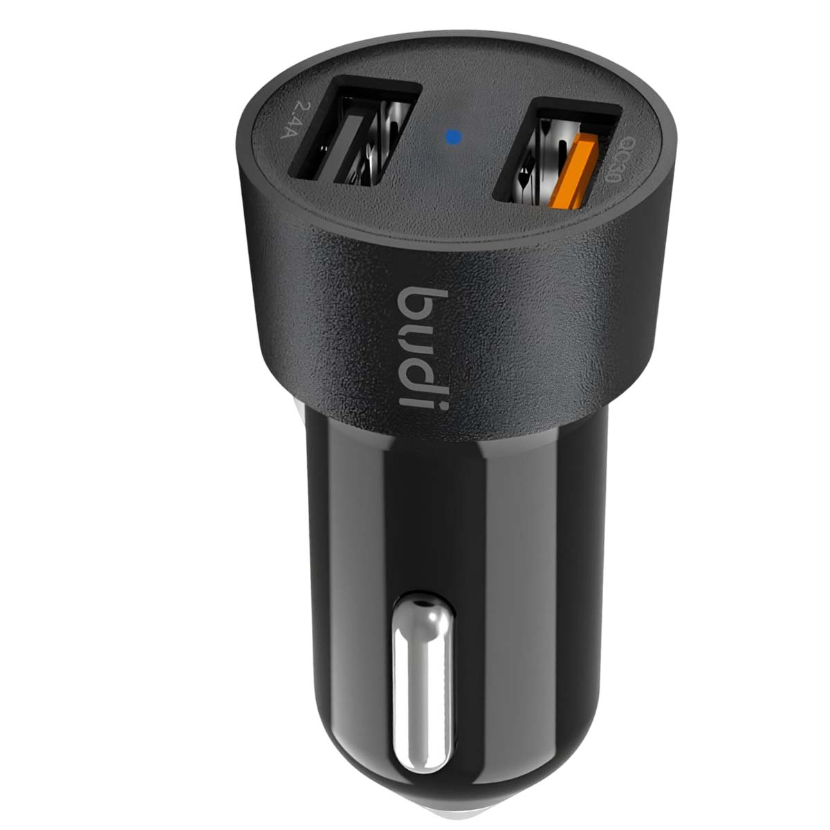 Adattatore nero per auto con due porte USB e una piccola spia blu.