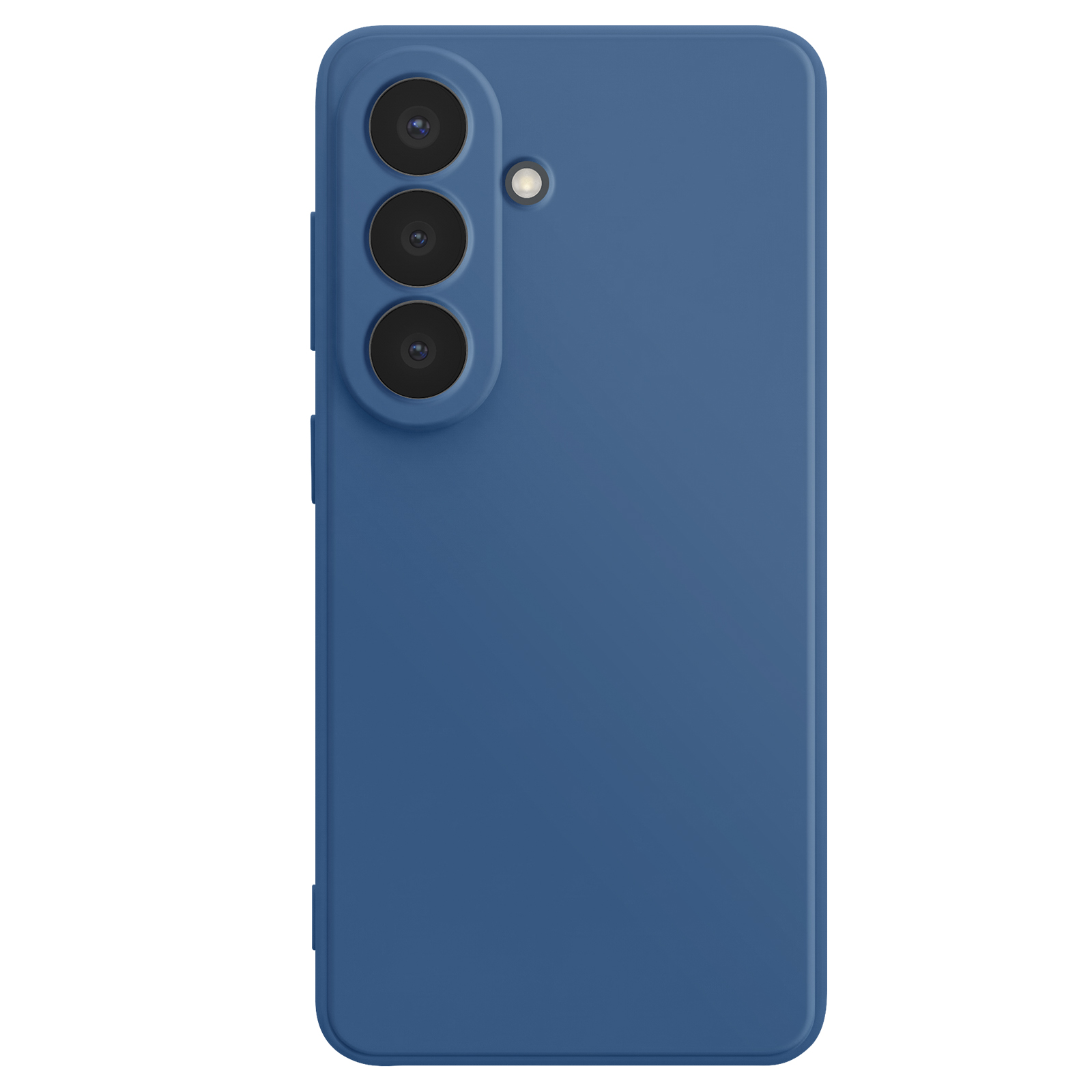 Achterkant van een blauwe smartphone met drie cameralenzen en flitser.