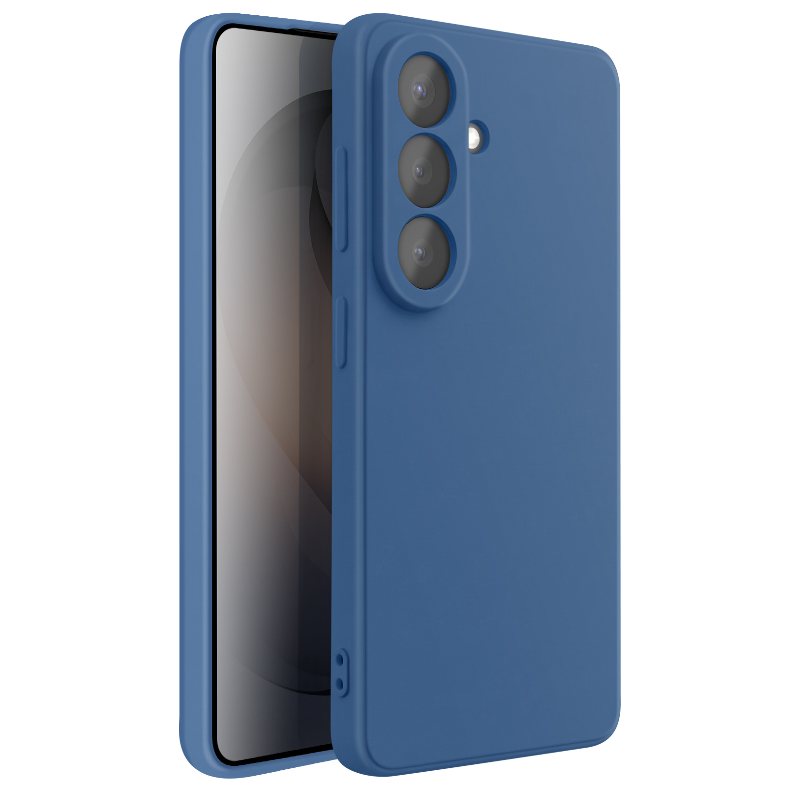 Een blauwe telefoon in een hoesje, met drie camera's aan de achterkant en het scherm.