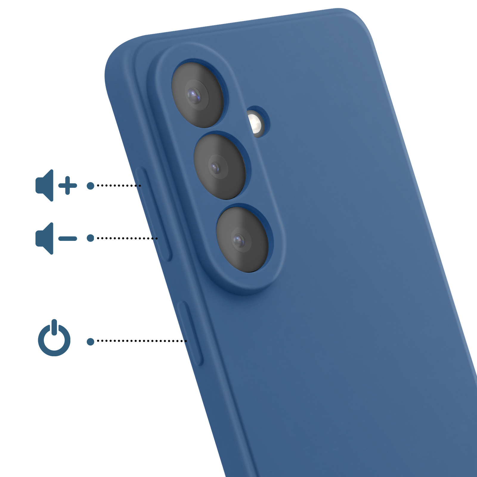 Blauw telefoonhoesje met camera-, volume- en aan/uit-pictogrammen.
