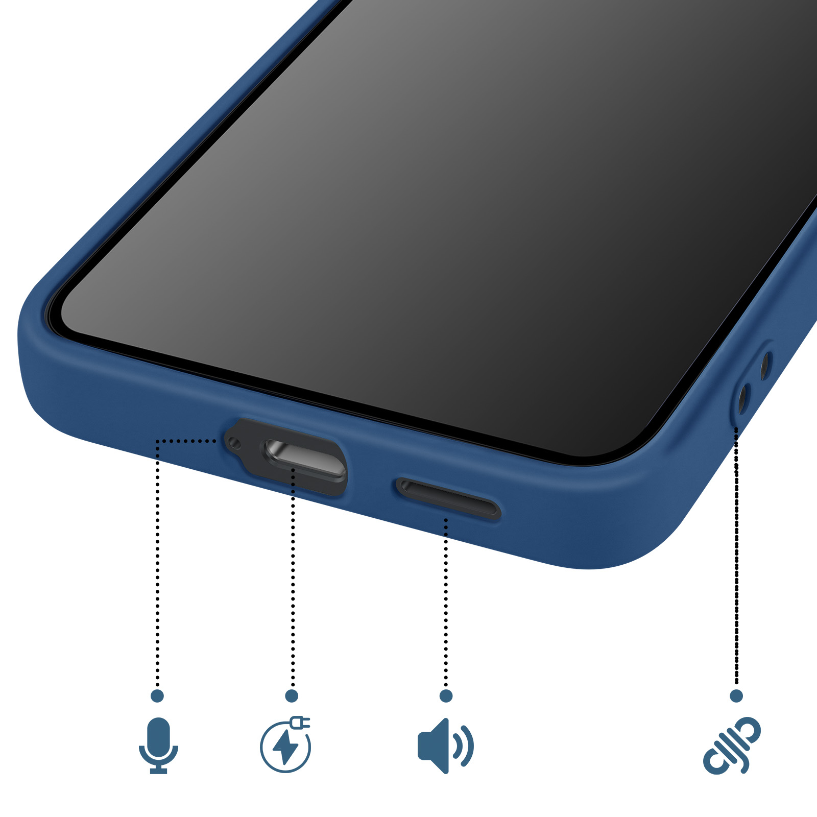 Bovenaanzicht van een blauwe smartphone met microfoon-, laad-, luidspreker- en SIM-pictogrammen.