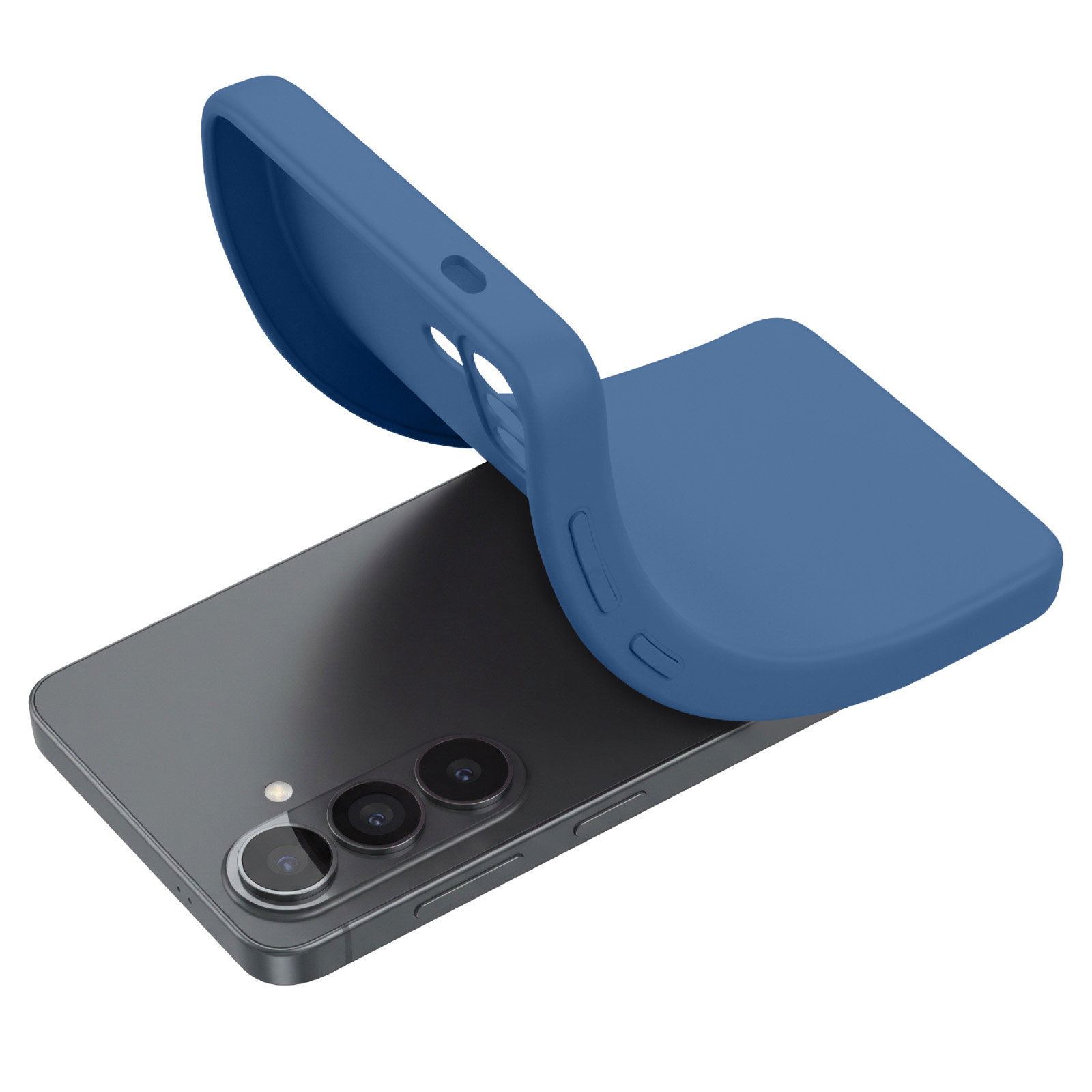 Een blauwe telefoonhoes wordt over een grijze smartphone gelegd.