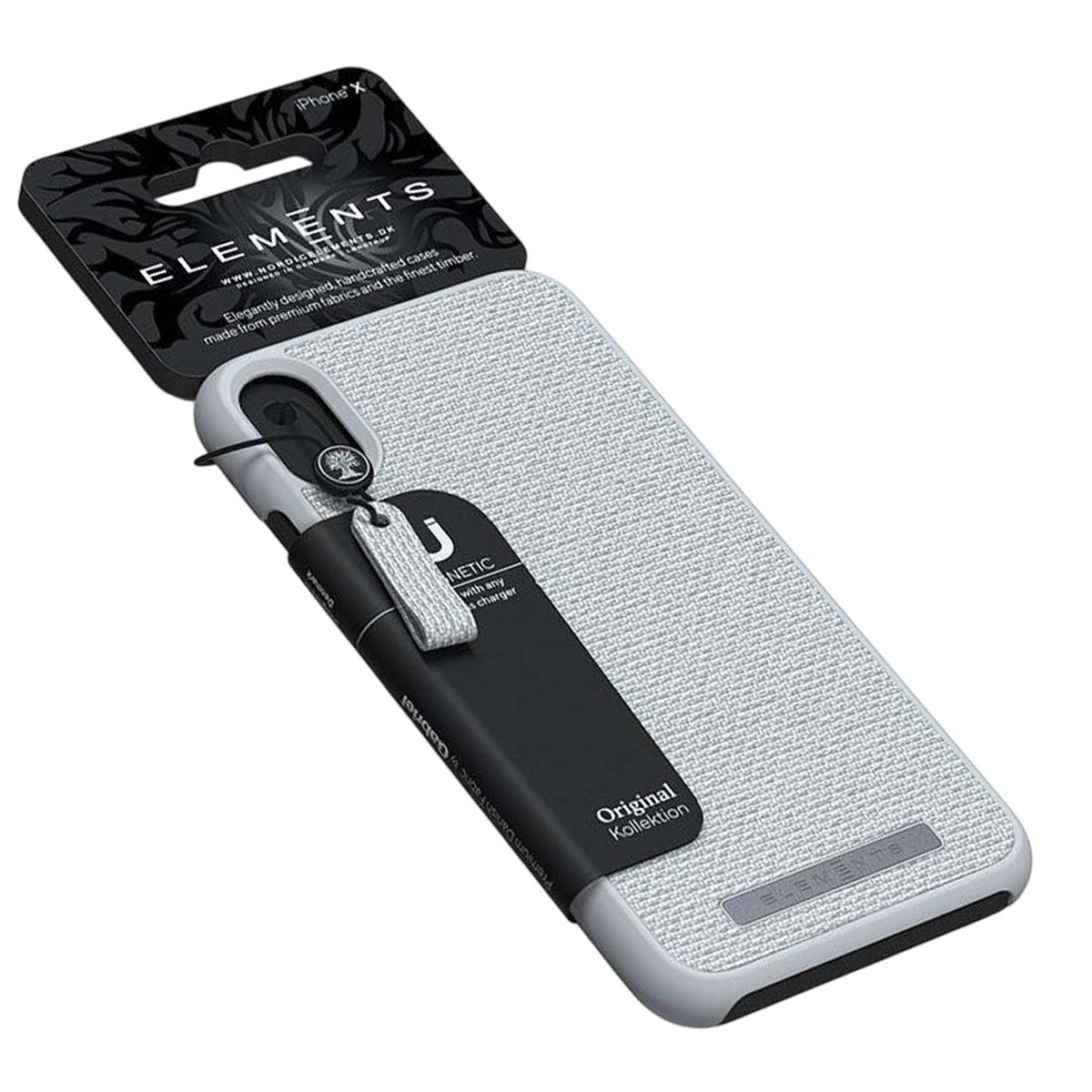 Graue iPhone X Hülle mit schwarzem Etikett und Text. Magnetisch, mit Ladekabel.