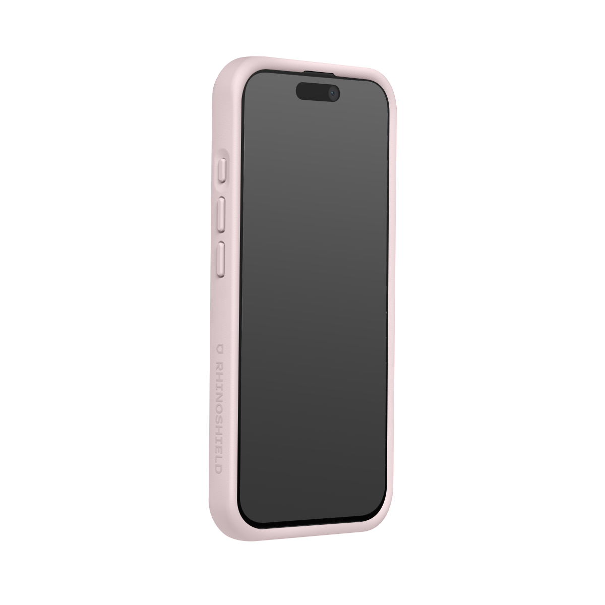 Un teléfono rosa en una funda protectora, sobre un fondo blanco.