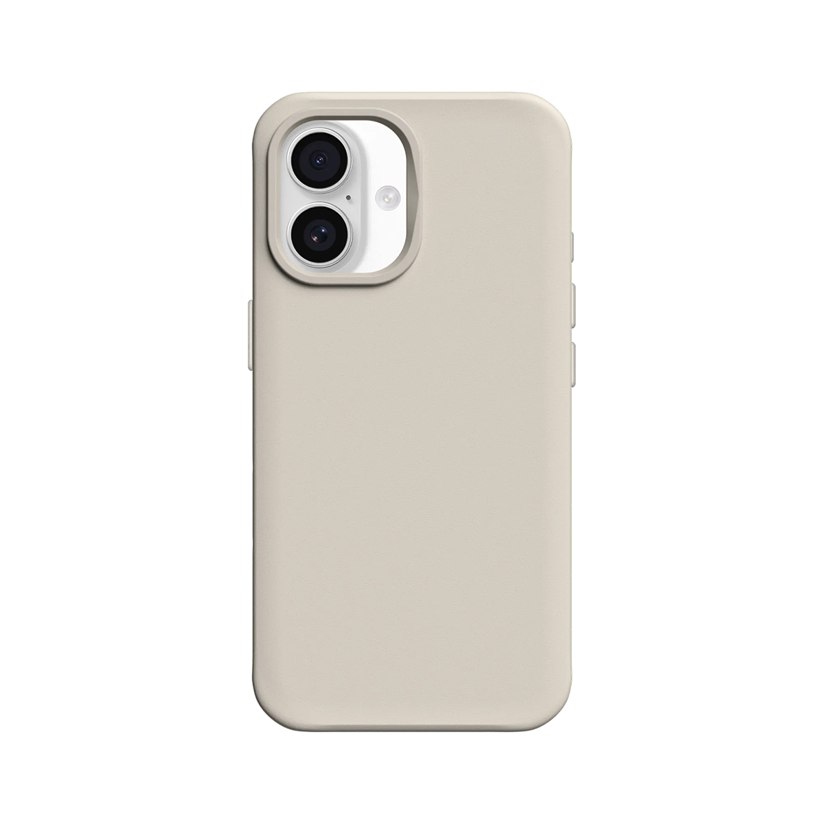 Une coque de téléphone beige avec deux objectifs et un flash.