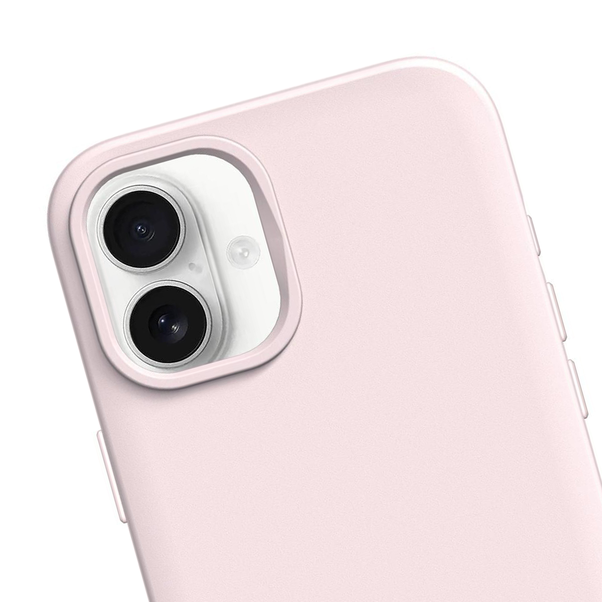 Primer plano de una funda de teléfono rosa con un módulo de cámara dual.