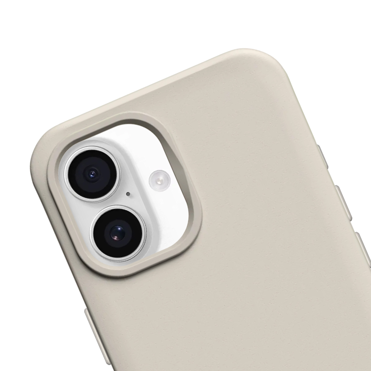 Gros plan d'une coque de téléphone beige clair montrant les objectifs et le flash.