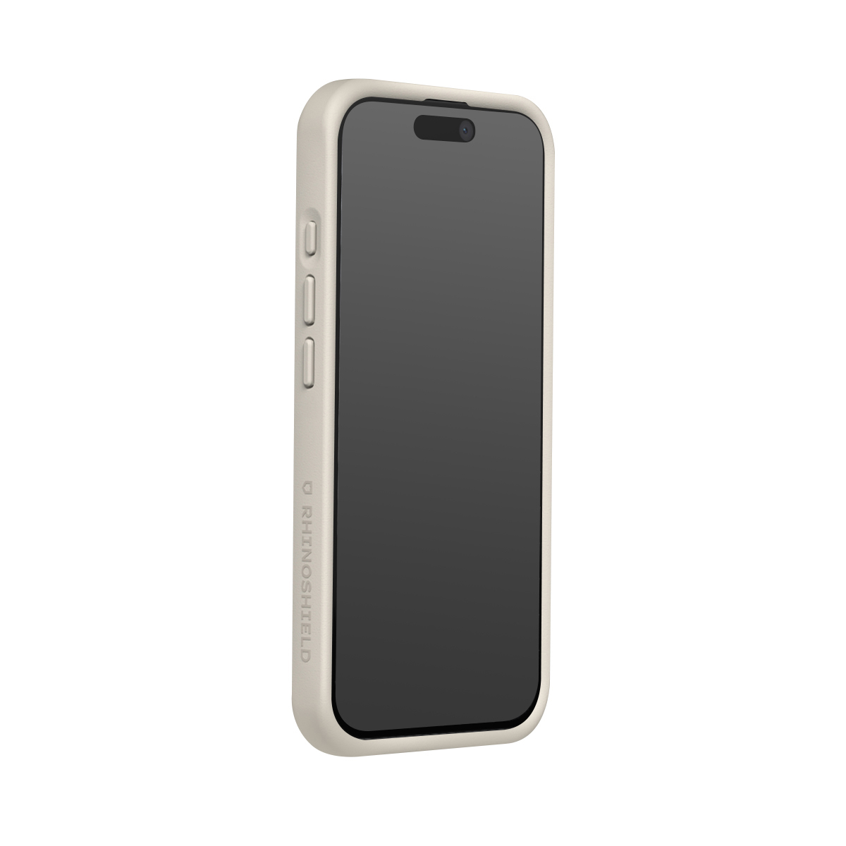 Une coque de téléphone beige clair avec écran noir, verticale. Logo sur le côté.