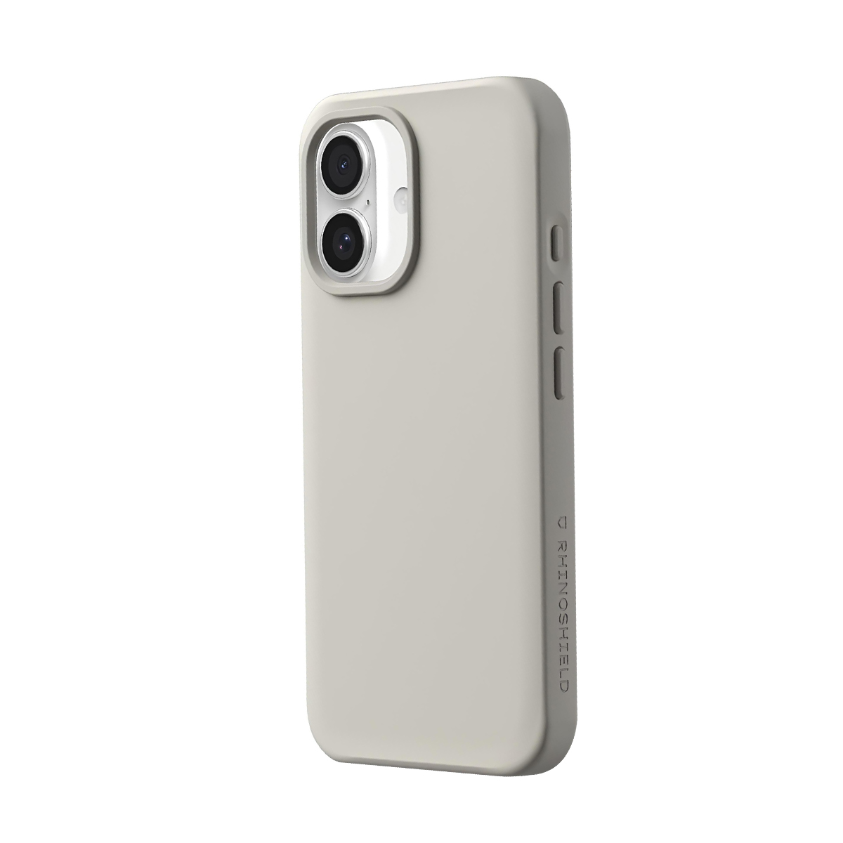 Coque de téléphone grise avec deux objectifs photo et boutons latéraux sur fond blanc.