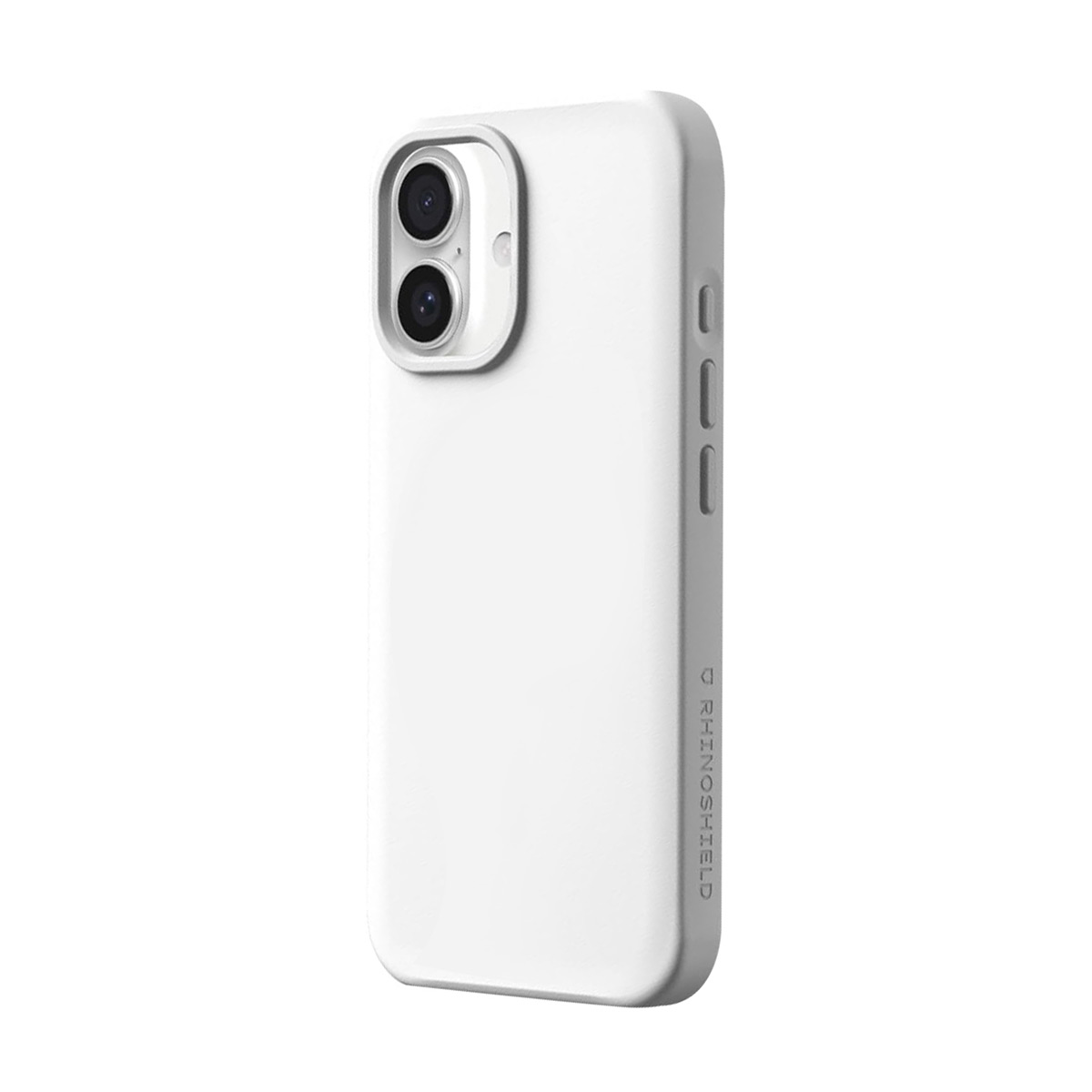 Une coque blanche pour iPhone avec deux objectifs et des boutons latéraux.