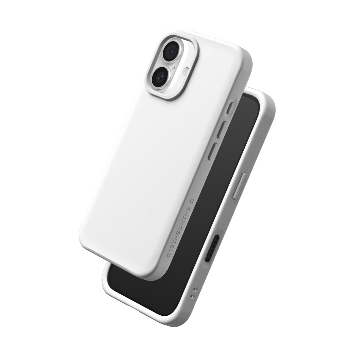 Coque de téléphone blanche avec découpe caméra, vue en angle. Fond blanc.
