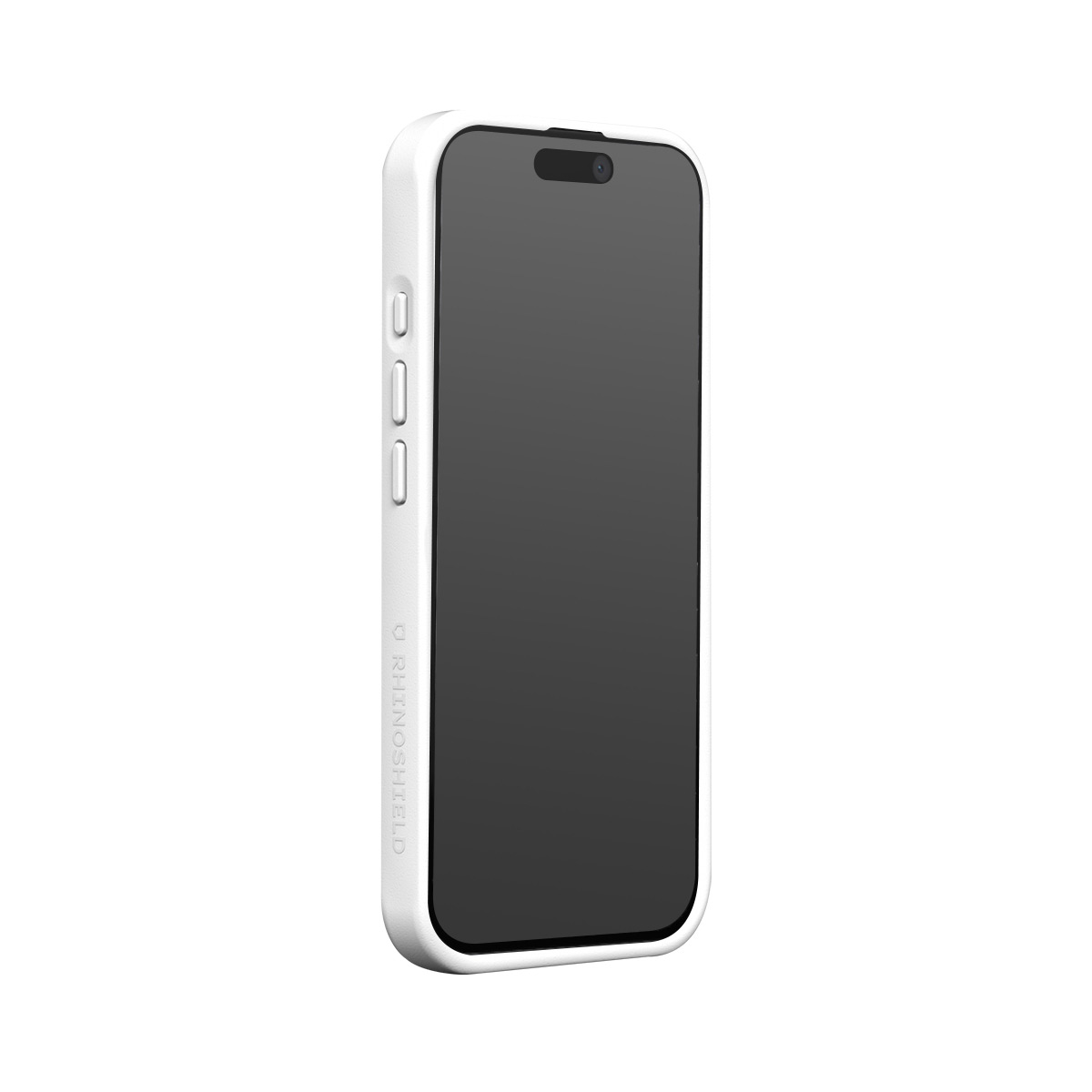Une coque de téléphone blanche avec un écran sombre, sur fond blanc.