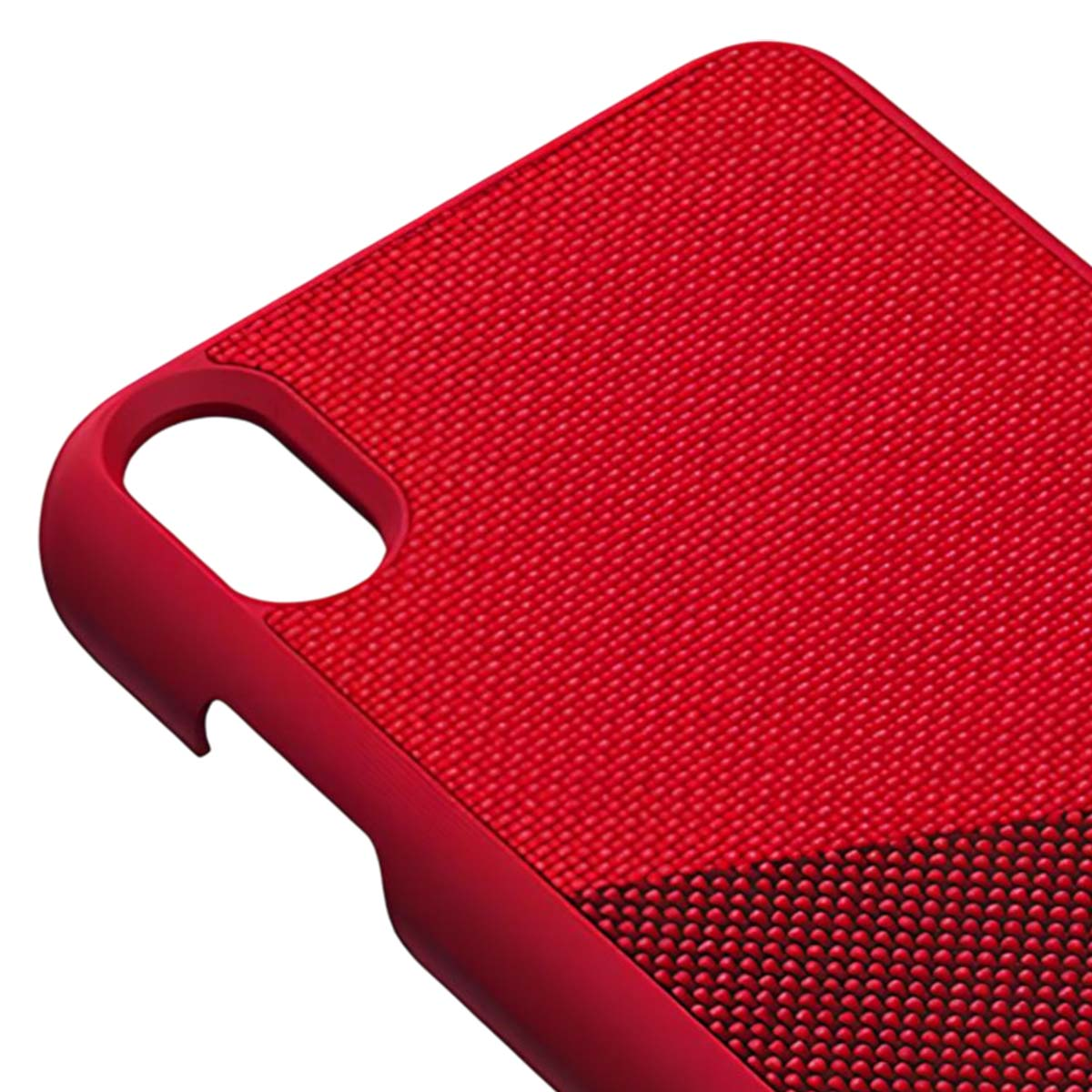 Custodia per telefono rossa con tessuto testurizzato e ritagli per fotocamera e pulsanti.
