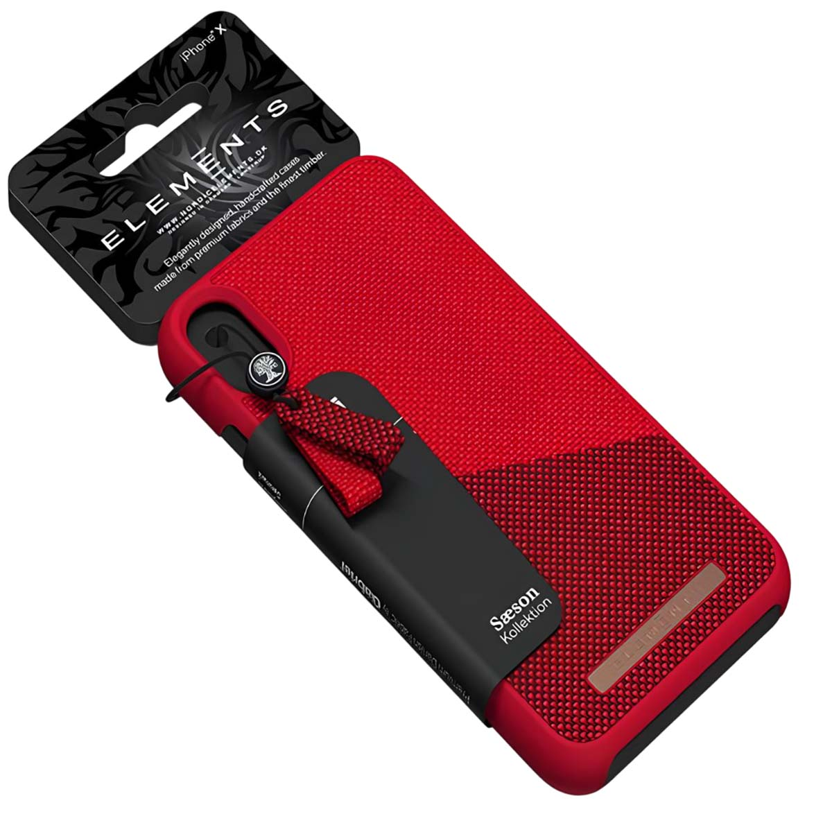 Custodia rossa per iPhone X con confezione nera e laccetto.