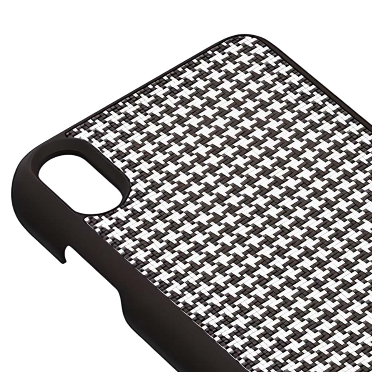 Primo piano di una custodia per telefono con motivo pied-de-poule bianco e nero.