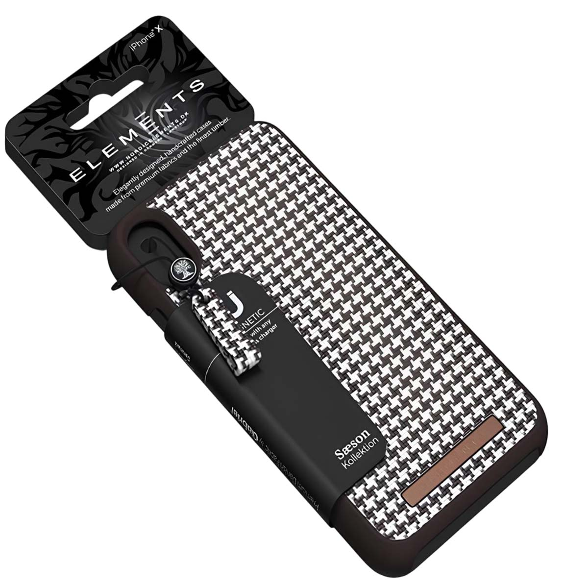 Una custodia per iPhone X con motivo pied-de-poule e un accessorio di ricarica nero.