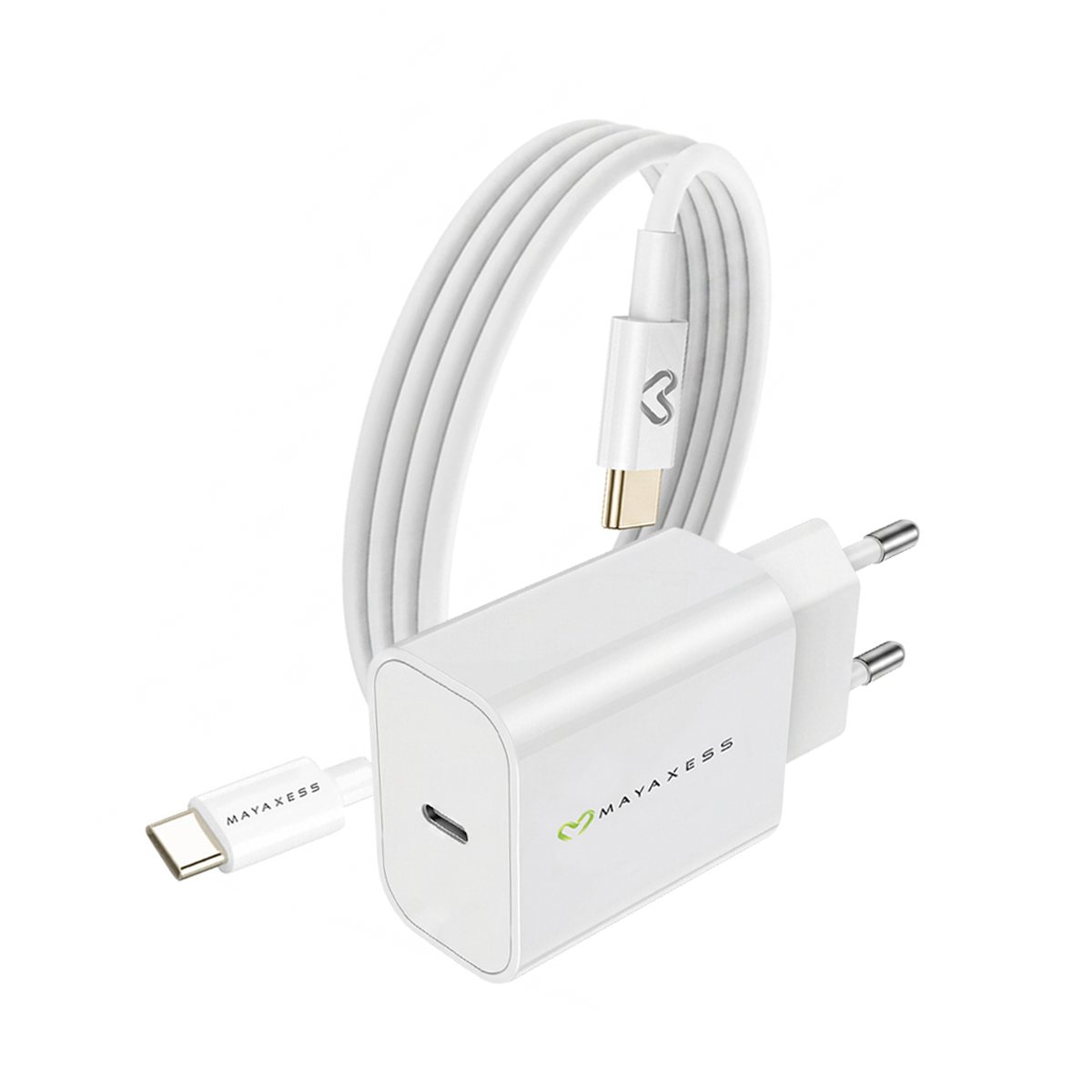 Ein weißes USB-C-Ladegerät und Kabel mit goldenen Anschlüssen auf weißem Hintergrund.