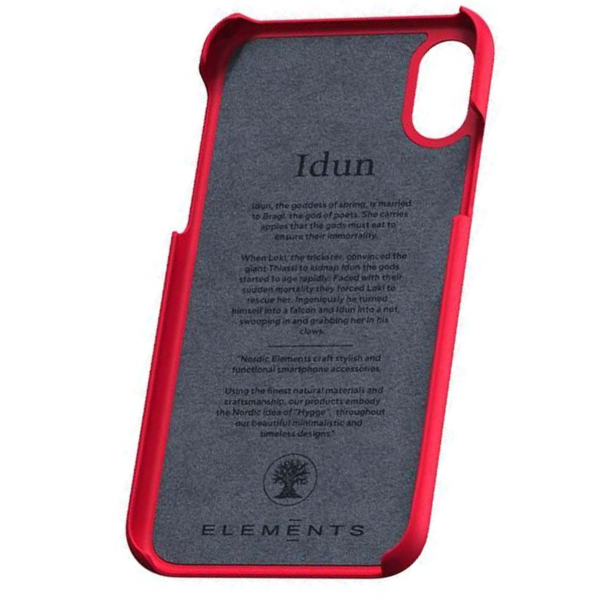Custodia rossa per telefono con testo sulla dea Idun e Nordic Elements.