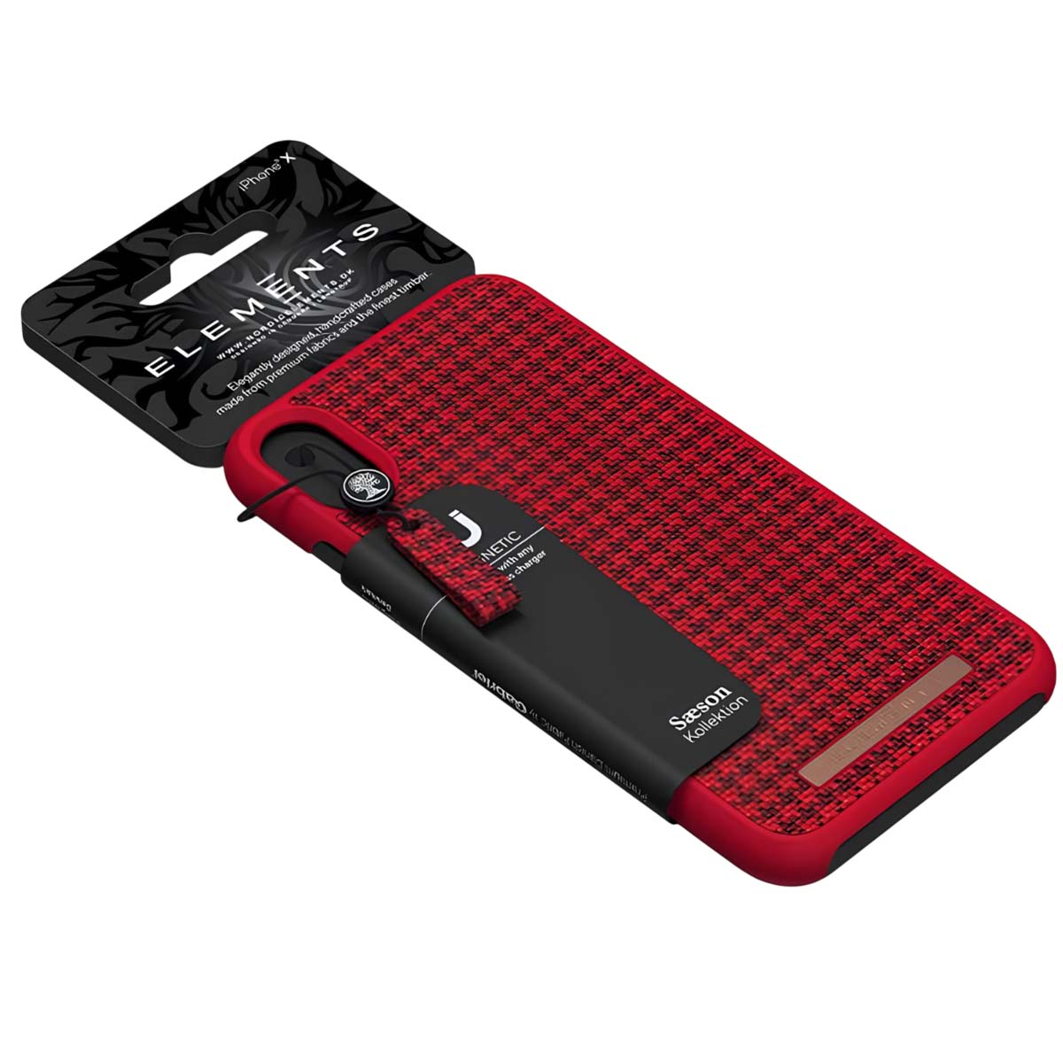Custodia rossa per iPhone X con motivo in tessuto e confezione nera.