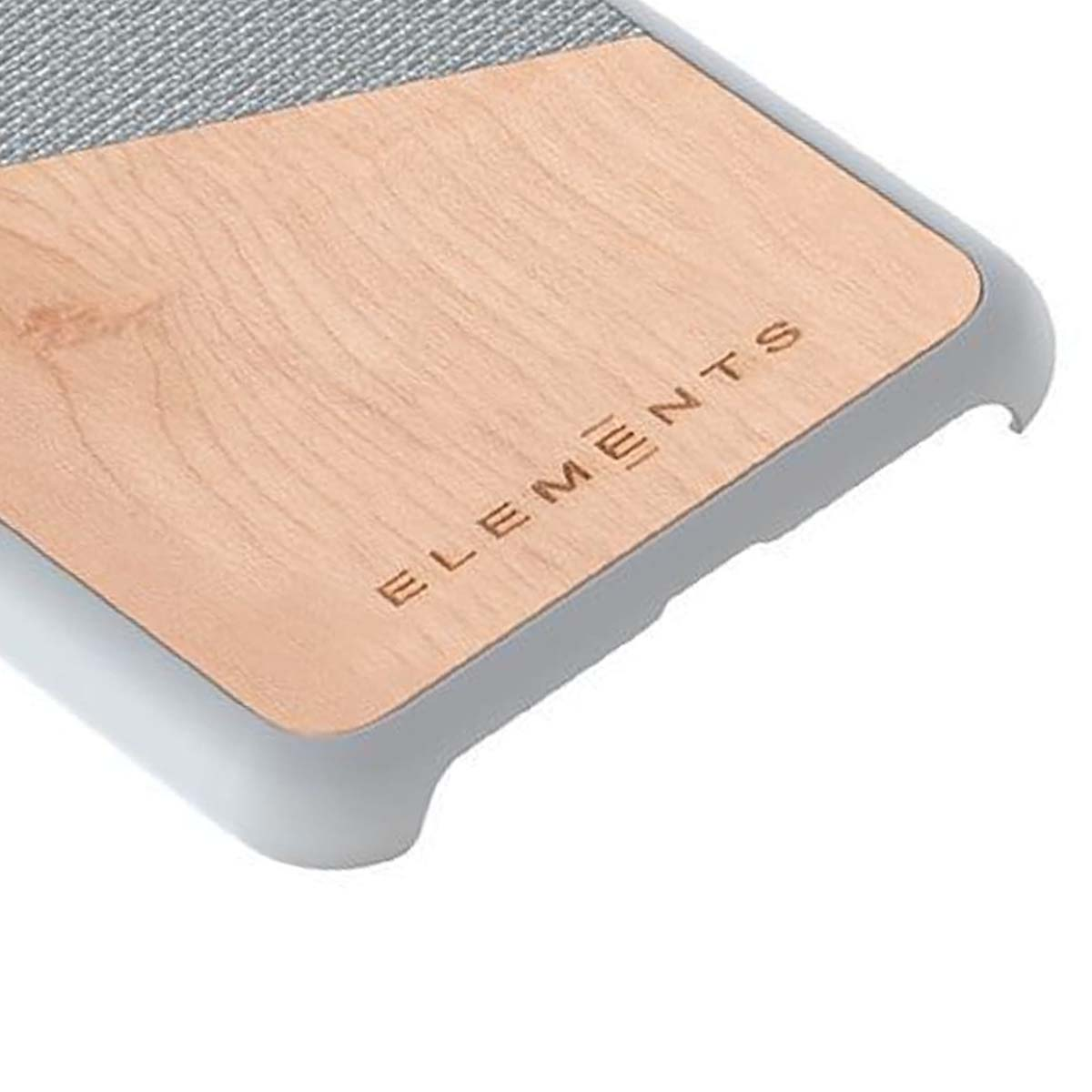 Custodia per telefono con sezioni in legno e grigio testurizzato. Il testo dice ELEMENTS.
