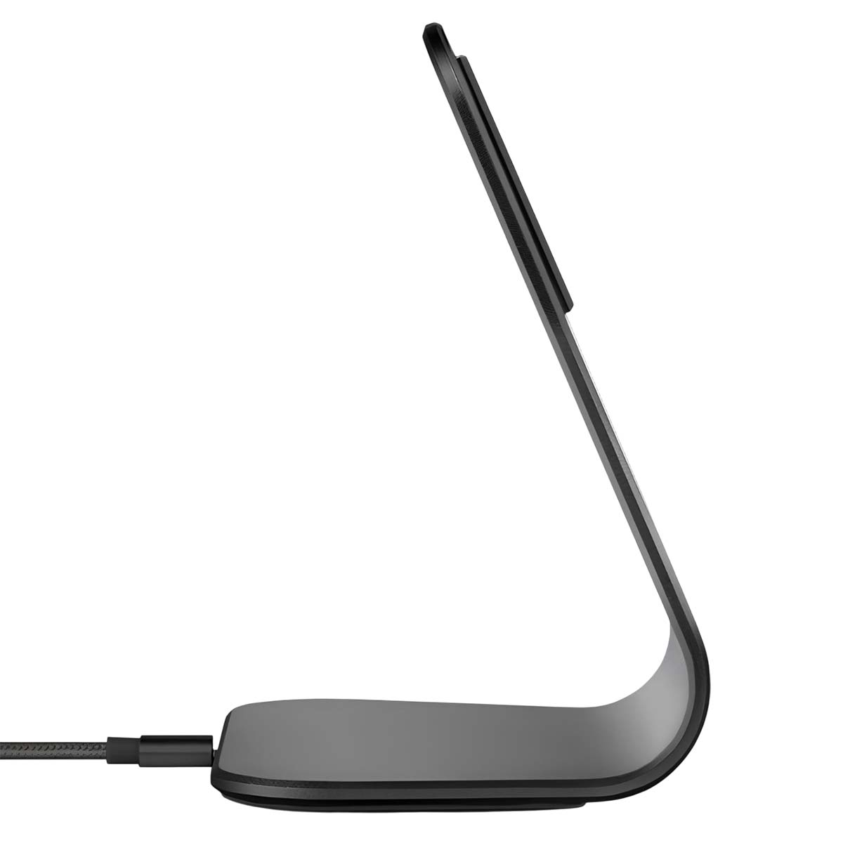 A gray charging stand with a curved design and a black cable.