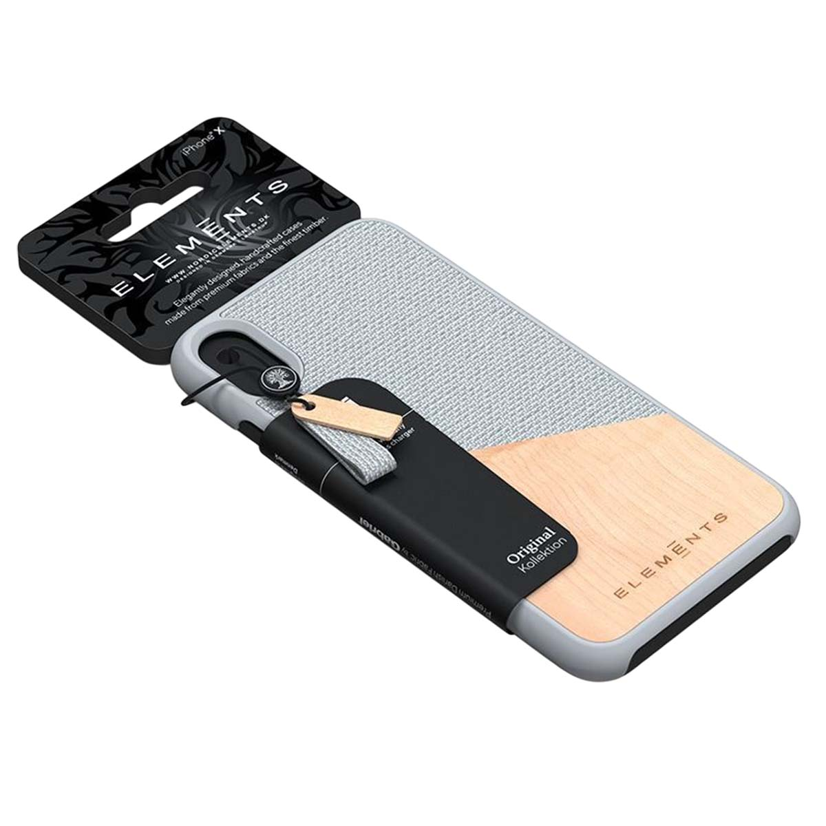 Custodia iPhone X design tessuto e legno, confezione mostra logo Elements.
