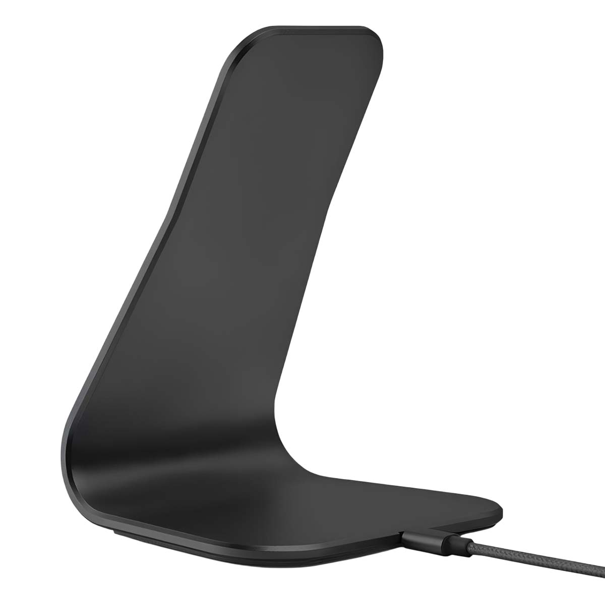 A black stand with a curved design, connected to a cable.