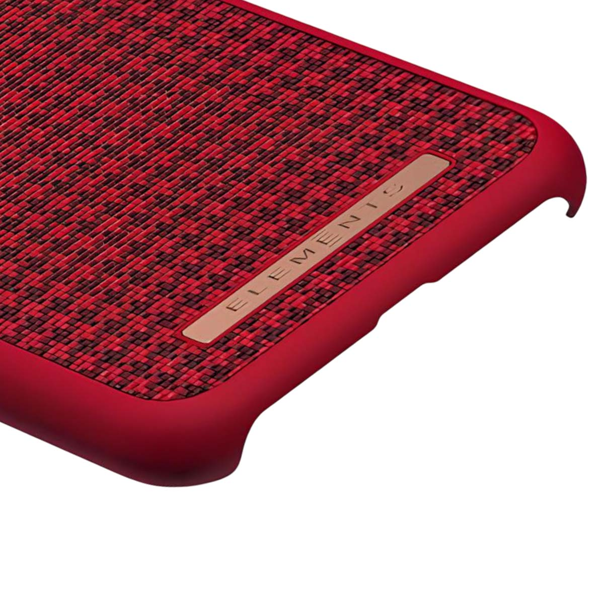 Rote Handyhülle mit Muster und Logo-Akzent.
