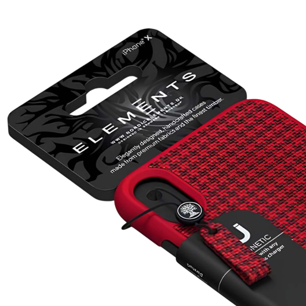 iPhone X Hüllenverpackung und rote strukturierte Hülle. Mit 'Elements'-Branding.