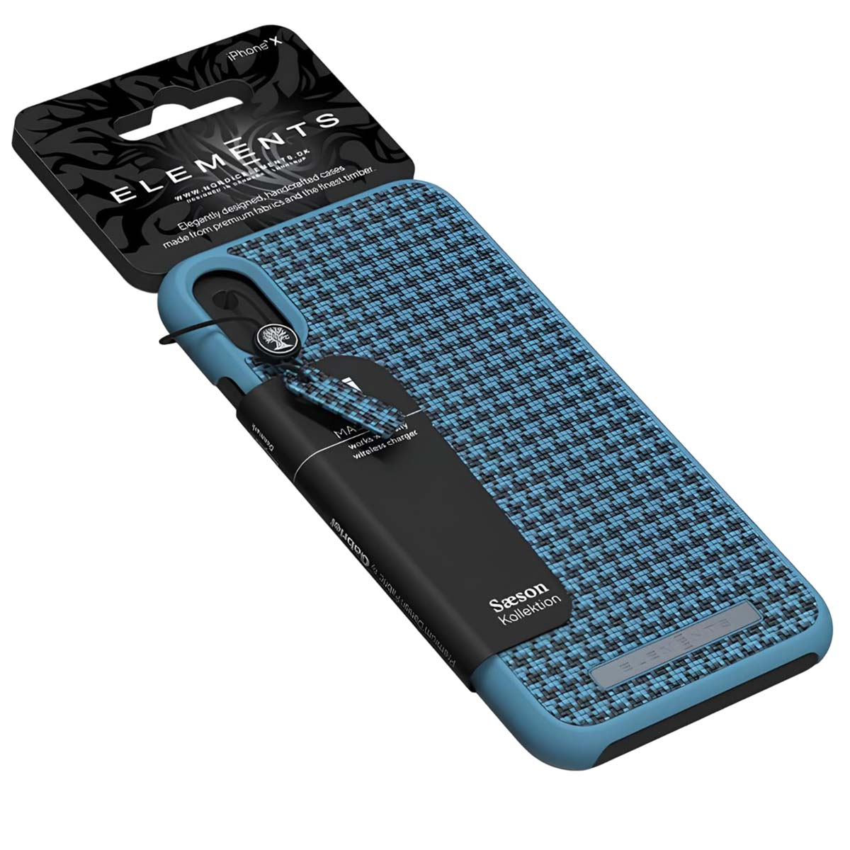 Custodia iPhone X blu fantasia con etichetta nera e laccetto.
