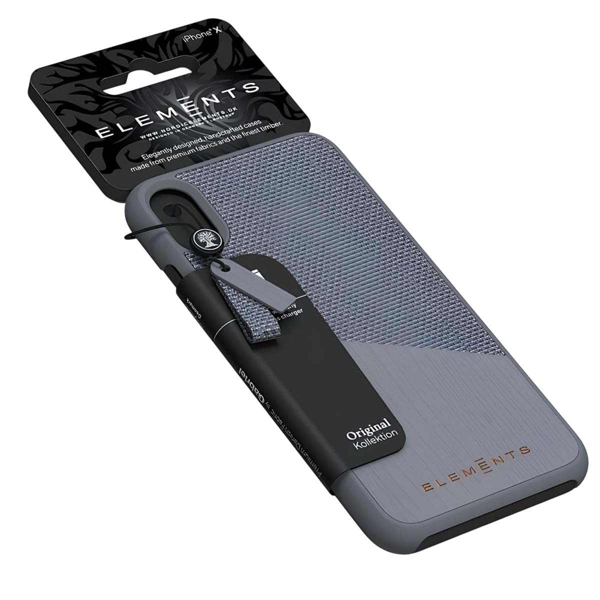 iPhone X Hülle von ELEMENTS mit Stofftextur und Holzakzenten.