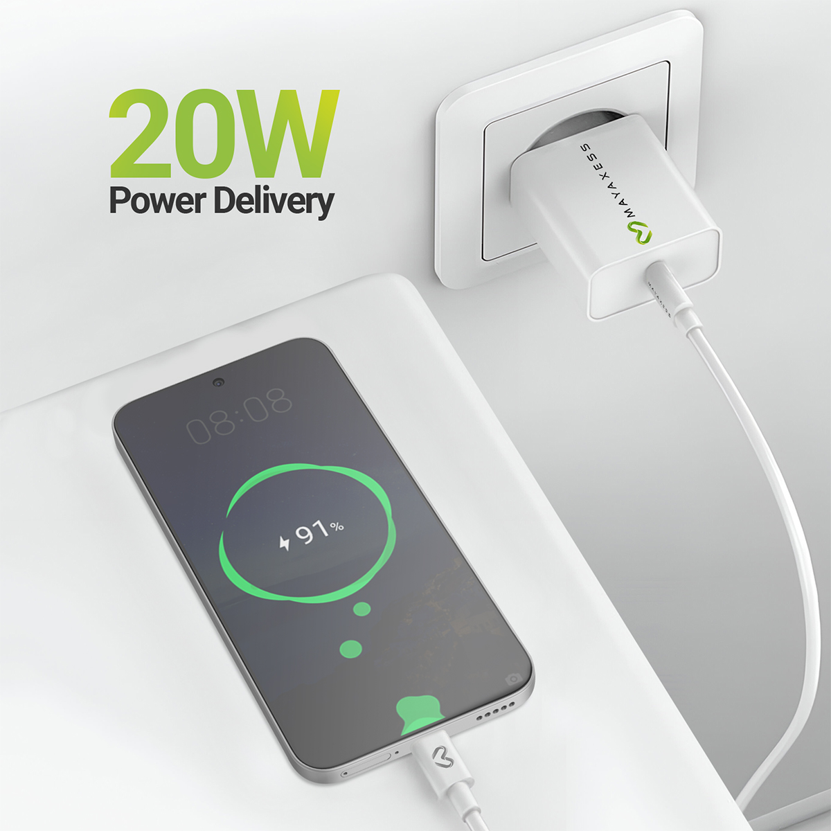 Uno smartphone con il 91% di batteria, in carica tramite cavo USB-C bianco.
