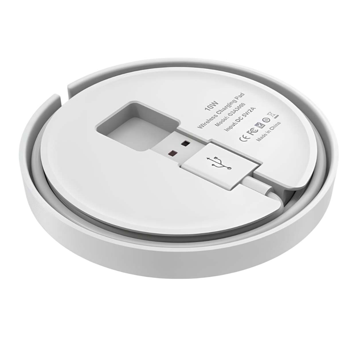 Weißes kabelloses Ladegerät mit USB-Kabel und Beschriftung.
