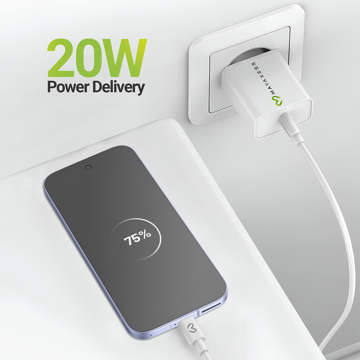 Uno smartphone si carica con un adattatore da 20W. Batteria al 75%.