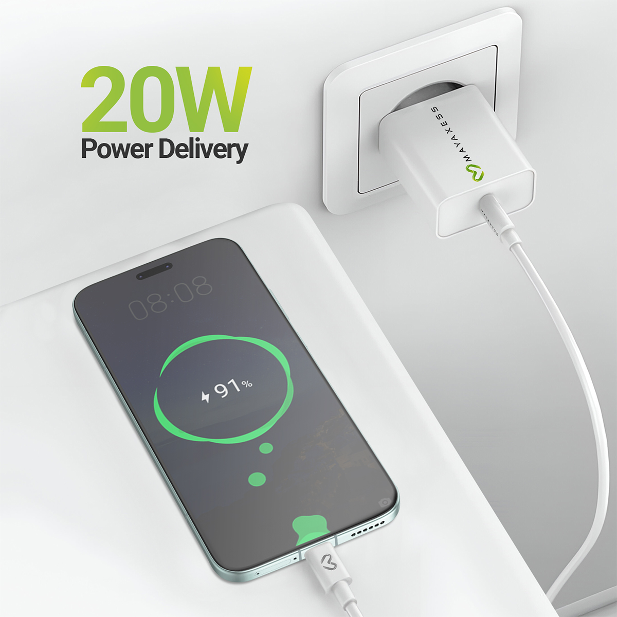Uno smartphone è in carica con 20W Power Delivery.