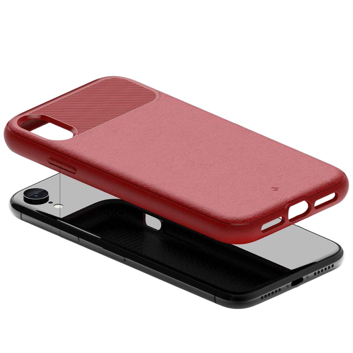 Una funda de teléfono roja se coloca sobre un teléfono negro.