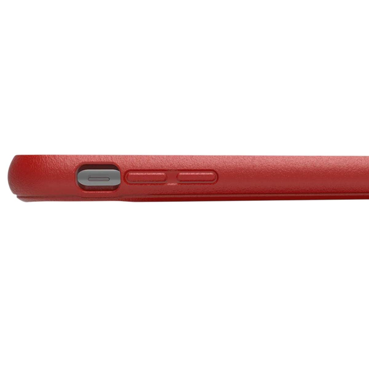 Funda de teléfono roja con botones laterales.