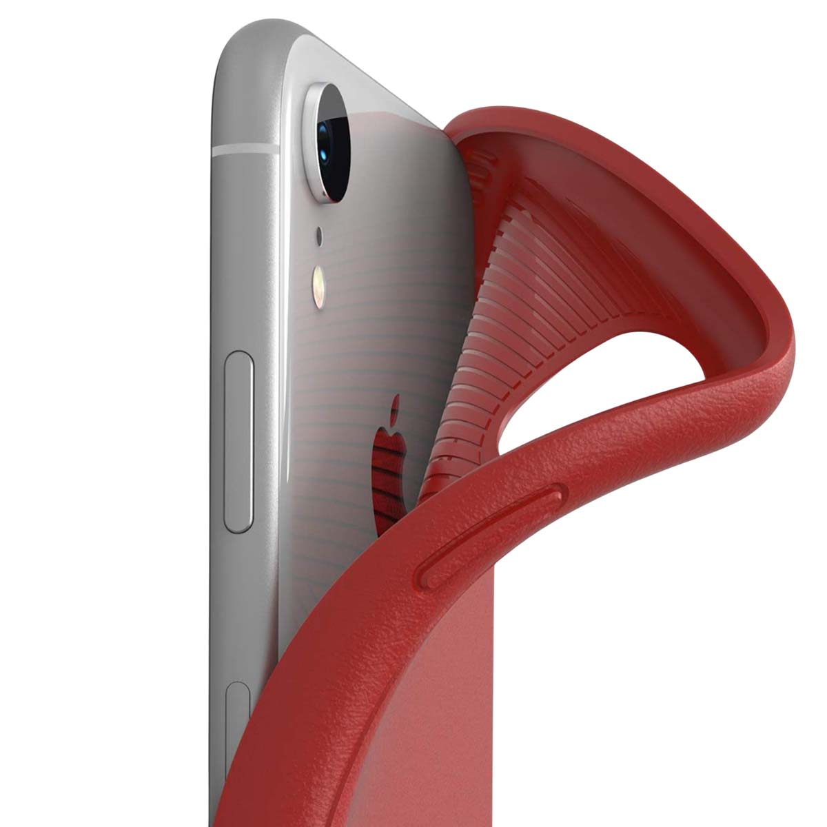Una funda roja se está colocando en un iPhone plateado. La cámara es visible.