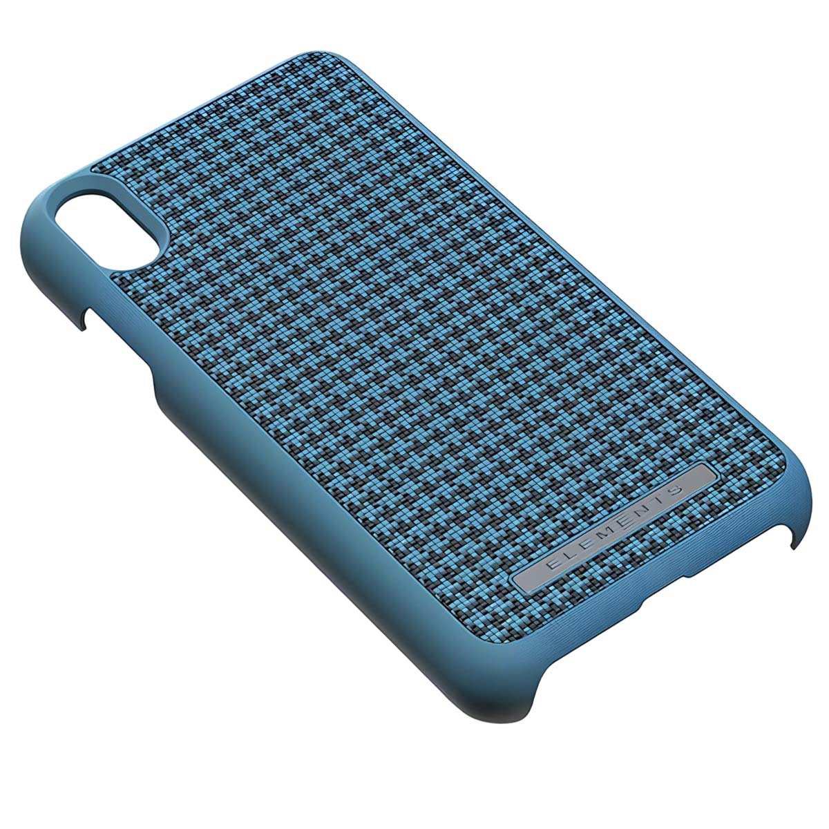 Custodia blu per telefono con motivo a scacchi, con ritagli per fotocamera e pulsanti.