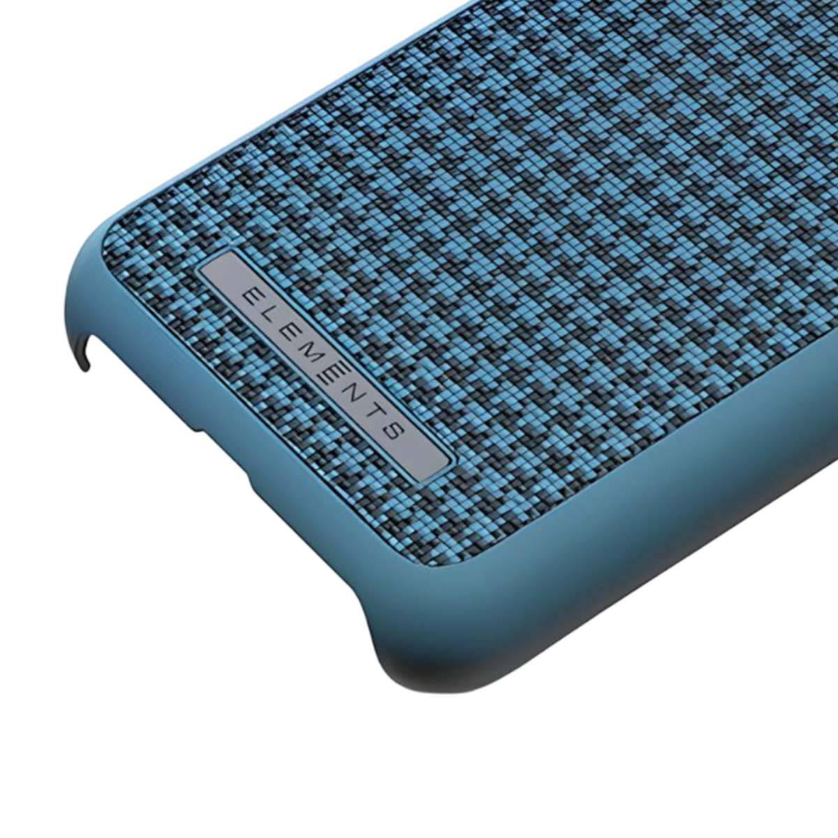 Una custodia blu per telefono con motivo a scacchi e la scritta ELEMENTS.