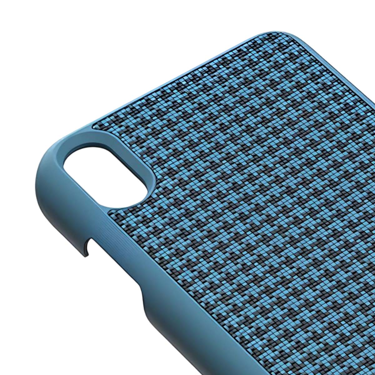 Una custodia per telefono blu con un motivo a mosaico di piccoli quadrati blu e neri.