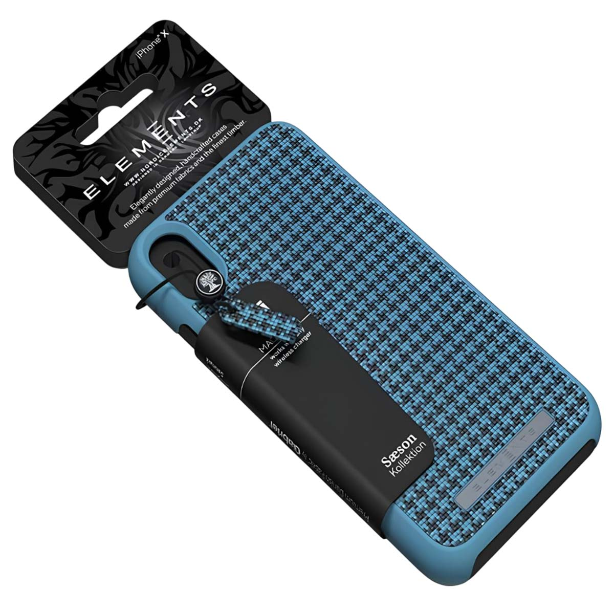 Custodia blu iPhone X con motivo nero, confezione Elements e caricatore wireless.
