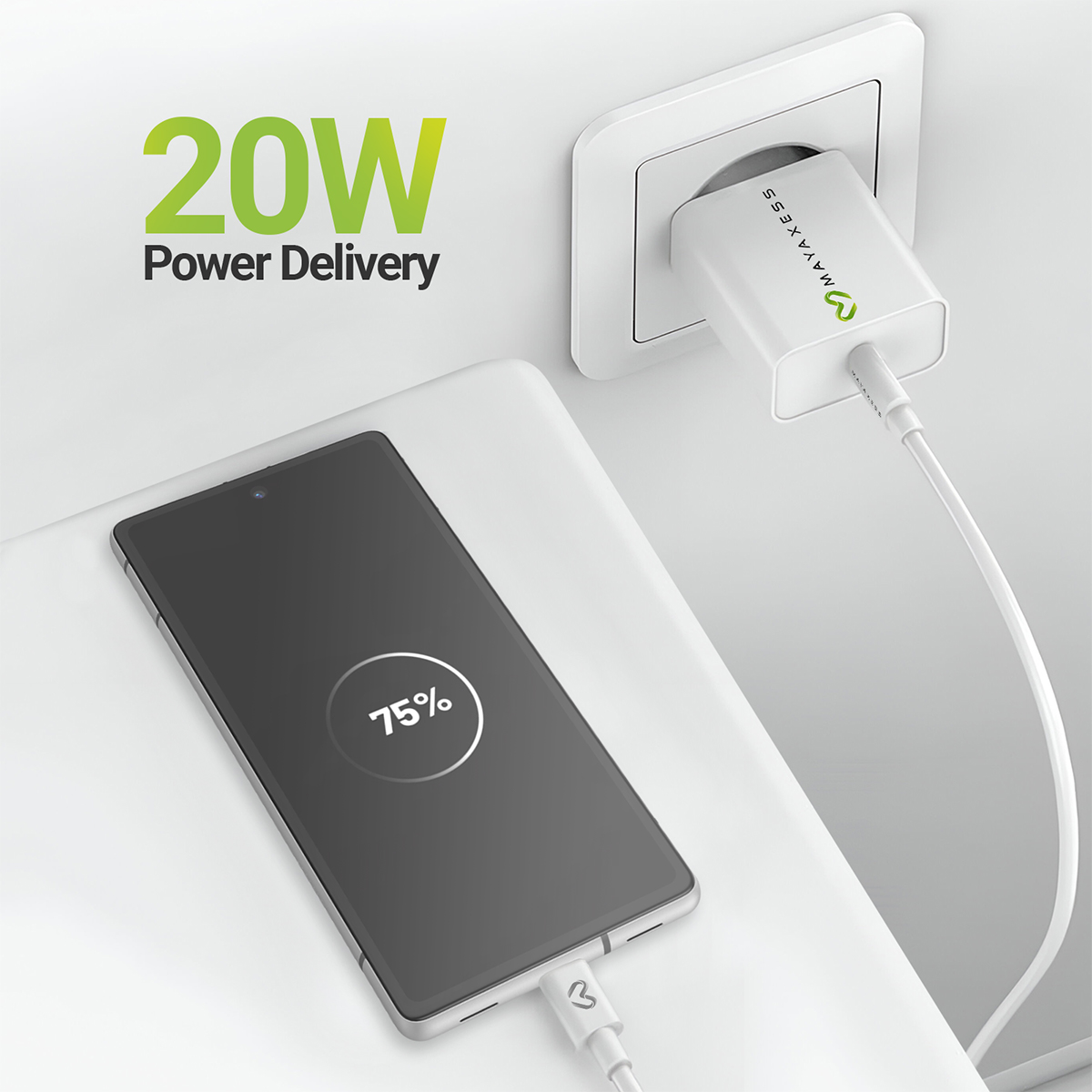 Un telefono in carica al 75% collegato a un adattatore da 20W.