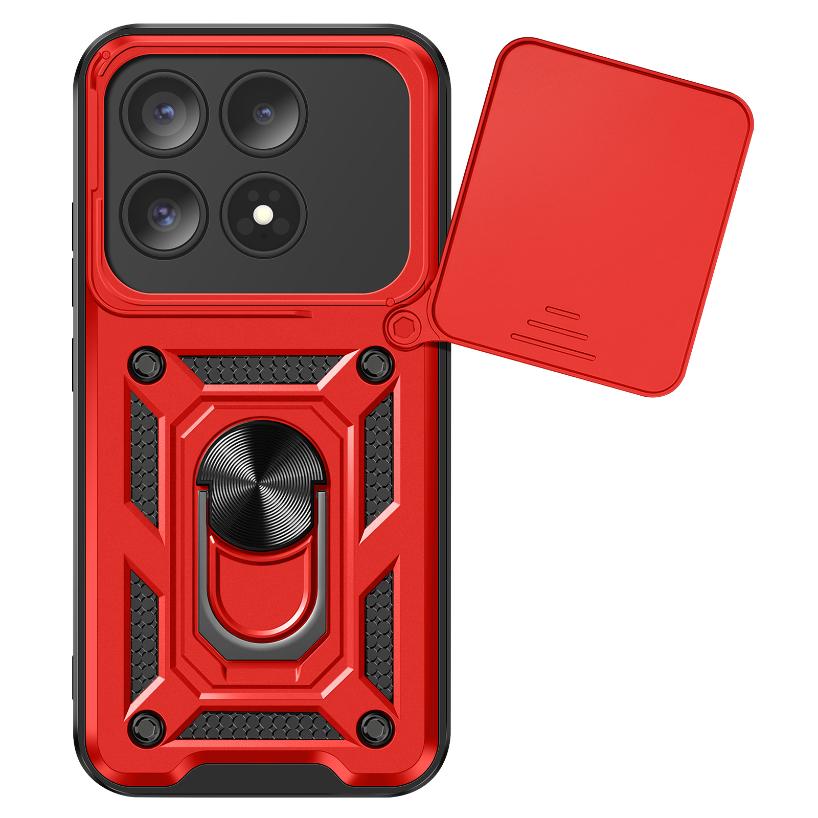 Rode telefoonhoes met vier camera's, schuifhoes en ringhouder.