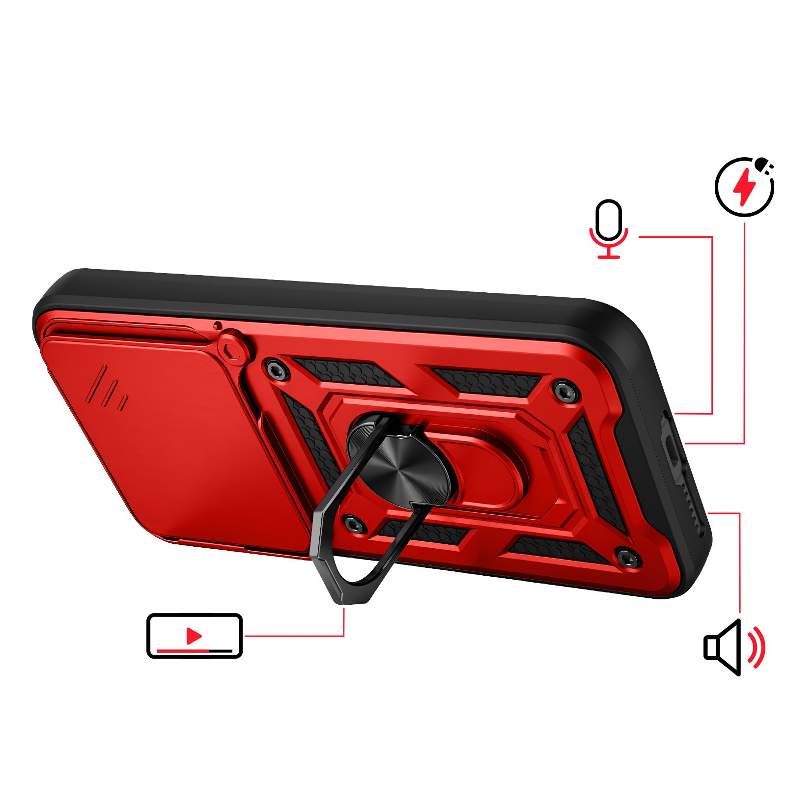 Rode telefoonhoes met zwart frame, ringhouder en iconen voor microfoon, luidspreker, video, batterij.