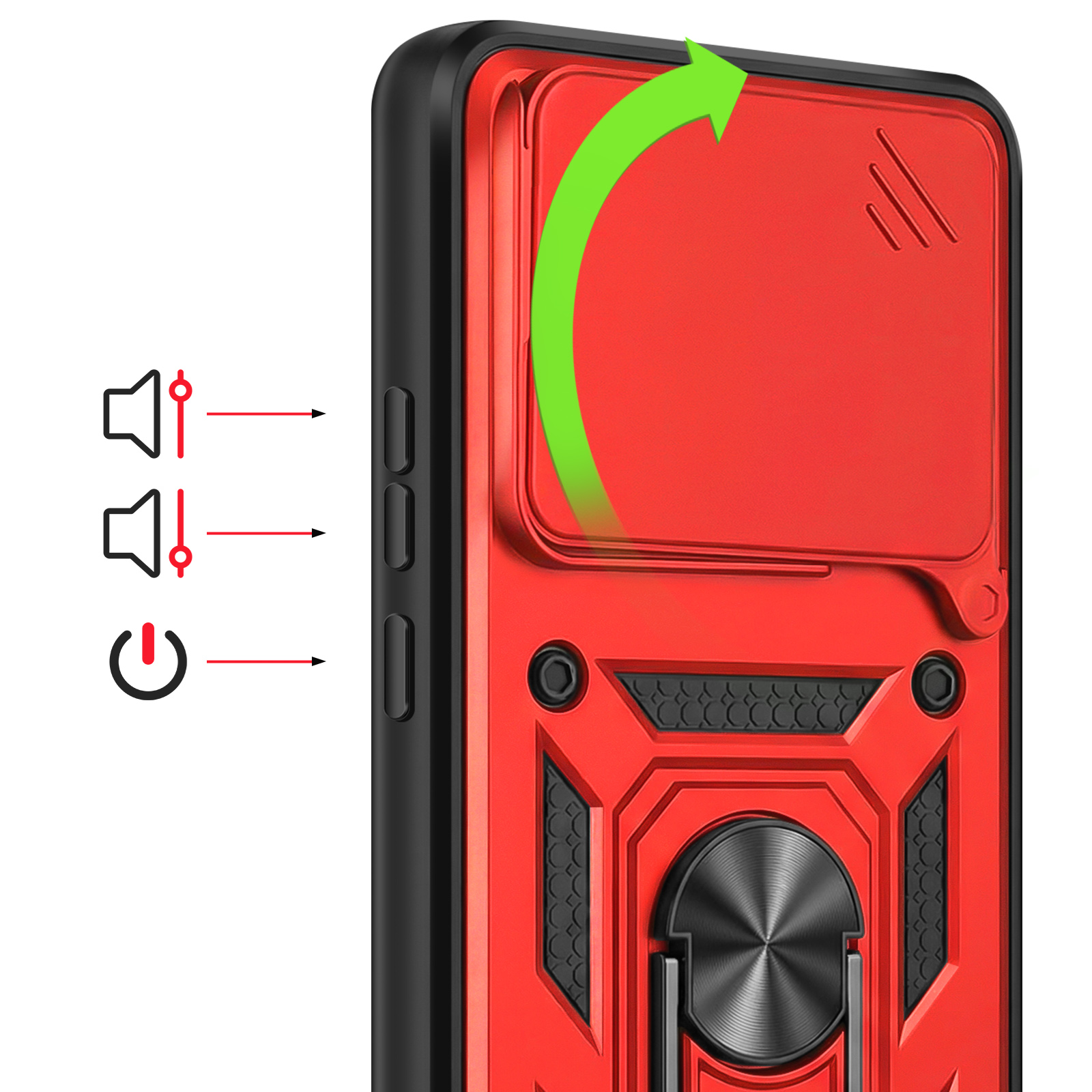 Rode telefoonhoes met volume- en aan/uit-pictogrammen, groene pijl.