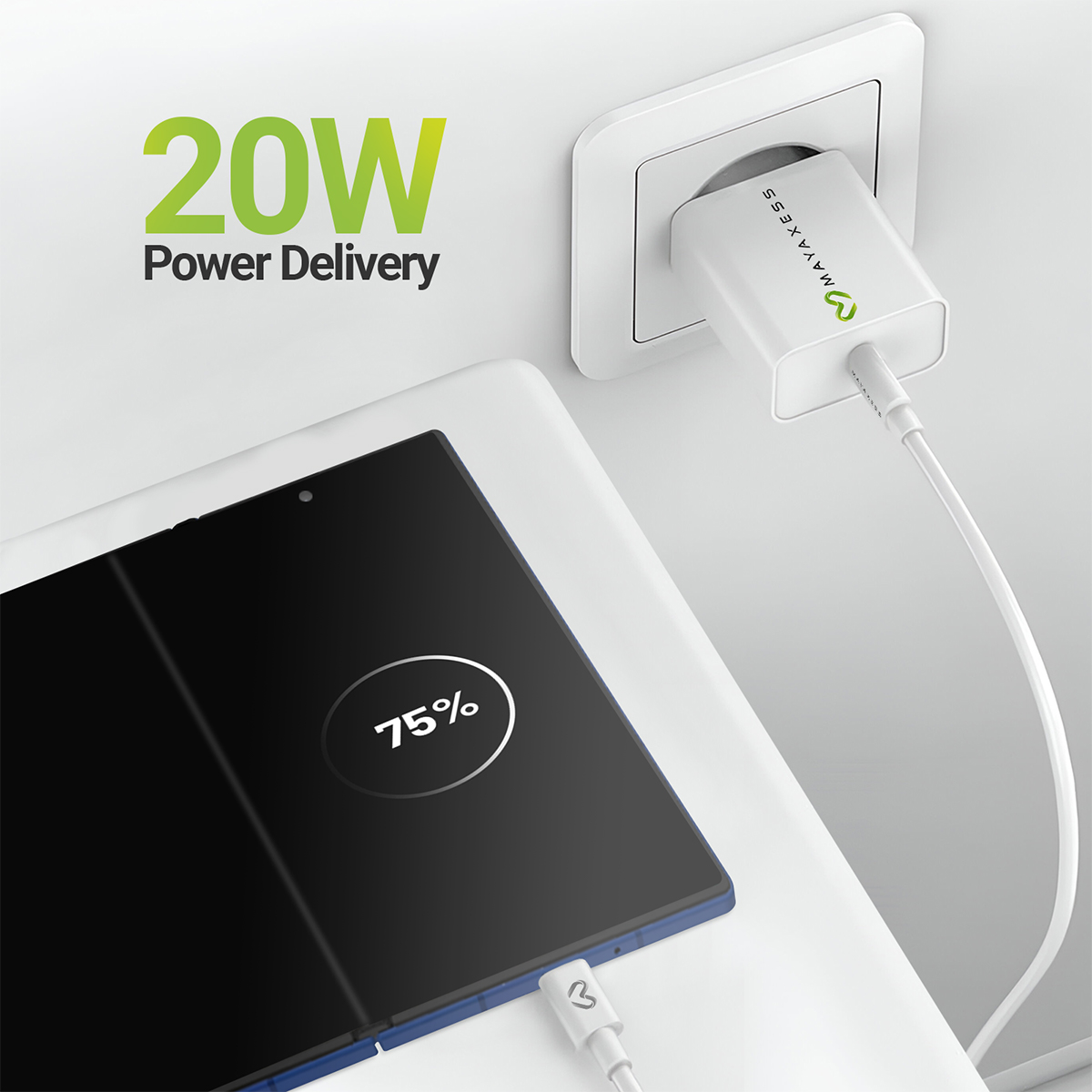 Un caricatore bianco da 20W sta caricando uno smartphone. Testo: 20W Power Delivery.